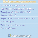 Почтовое отделение ЮРКОСТРОВ, индекс 186215