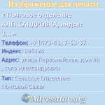 Почтовое отделение АЛЕКСАНДРОВКА, индекс 396124