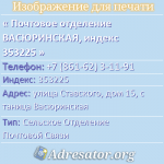 Почтовое отделение ВАСЮРИНСКАЯ, индекс 353225
